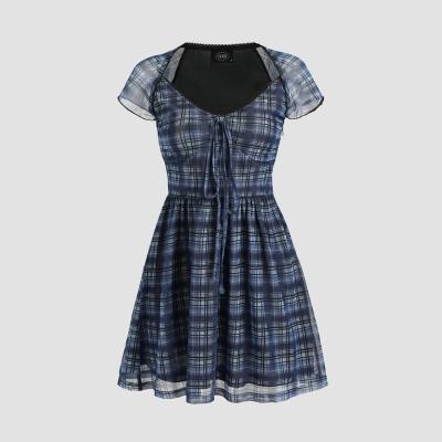 China Women Breathable Mesh Front Mini Dresses Sexy Transparent Short Sleeve Plaid Knot for sale