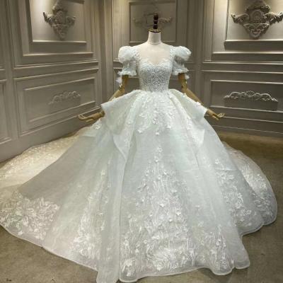 China Half Sleeve Boat Neck Ball Gown Classic Lace Embroidery Fairy Mesh Embroidered Wedding Dress Wedding Princess Dress for sale