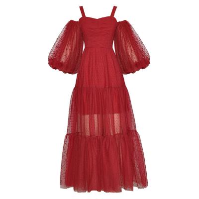 China 2022 Summer New Back Open Lantern Sleeve Waist Puffy Big Swing Princess Style Long Suspender Shoulder Dress for sale