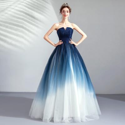 China Blue and white gradient sleeveless strapless fashion sexy slim elegant waist dress fairy skirt for sale