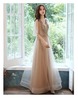 China 2022 New design pink v neck ruffle sleeves flowers beaded aline evening dress prom gown for sale