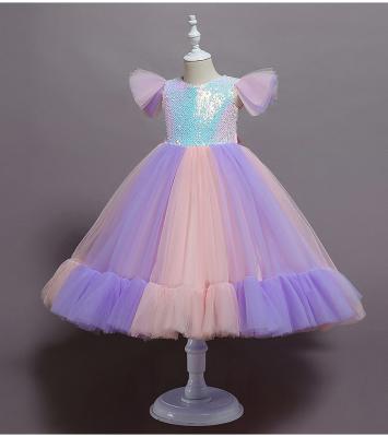 China New Lovely one piece pink rainbow flying sleeve baby girls birthday evening western party wear summer tutu dresses with knot bow for sale