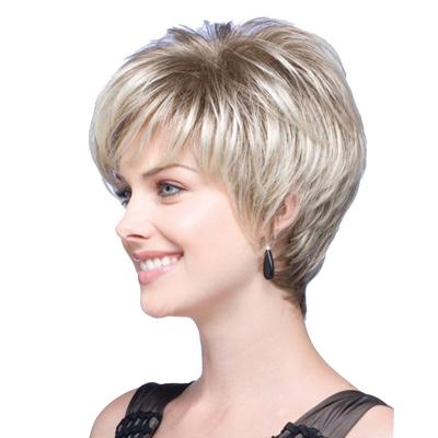 China Natural Matching Short Brown Mixed Bangs Natural Curly Pixie Cut Wig Synthetic Blonde Hair Wigs for sale