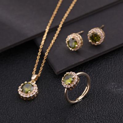 China Vintage Fashion Design Temperament Micro Zircon Colorful Gold Plated Jewelry Set Round Necklace Ring Earrings For Women for sale