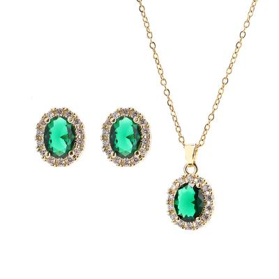 China European and American copper jewelry vintage fashion gold plated oval Zircon egg necklace earrings set for women for sale