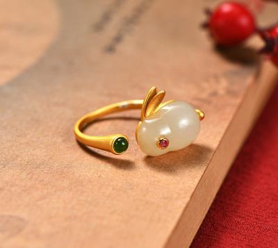 China Cute Hot Selling Natural Jade 925 Hotan Sterling Silver Rabbit Ring Women's 18K Gold Plated Ring for sale