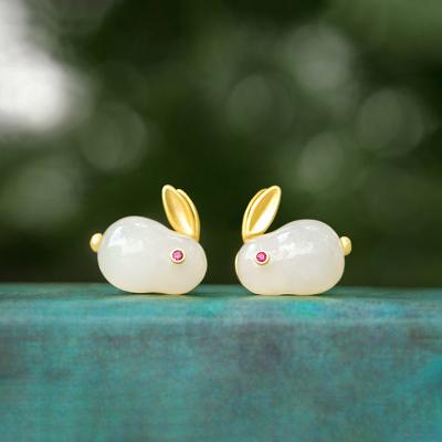 China Hot Selling Cute Rabbit Hetian Jade Inlaid With Sterling Sliver Stud Earrings For Women for sale