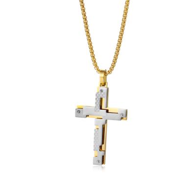 China Religious Hot Selling Biker Jewelry Layered Stainless Steel Silver Gold Plated Christian Punk Cross Pendant Necklace For Men for sale