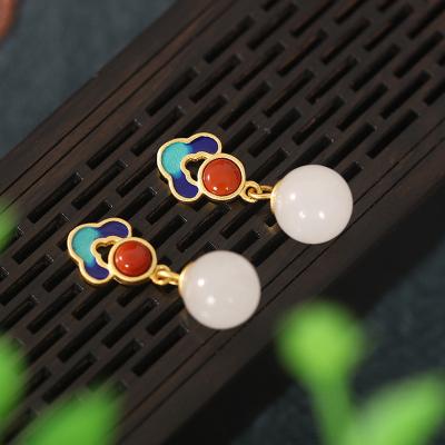 China S925 Retro Fashion Style Hetian Jade Pure Silver Gold Plated Pure Silver Gold Plated National Round Beads Women's Stud Earrings for sale