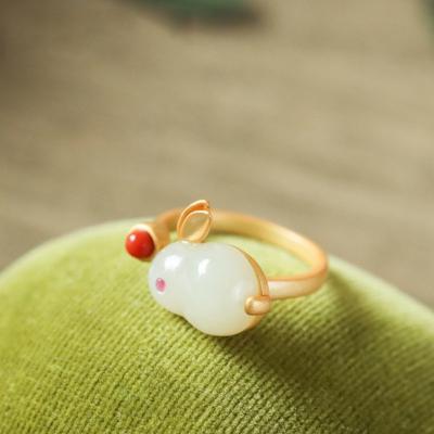 China Fashion factory price jade ring beautiful Hotan cute natural green rabbit jade jewelry Valentine's Day gift women's jade ring for sale