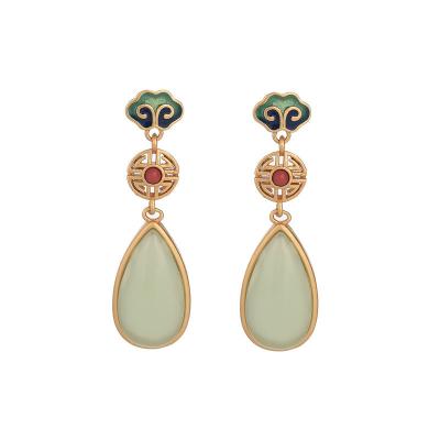 China Low Price TRENDY Chinese Style Hanbok Cheongsam Water Drop Jade Enamel Jewelry Vintage Copper Bronze Gold Plated Earrings For Women for sale