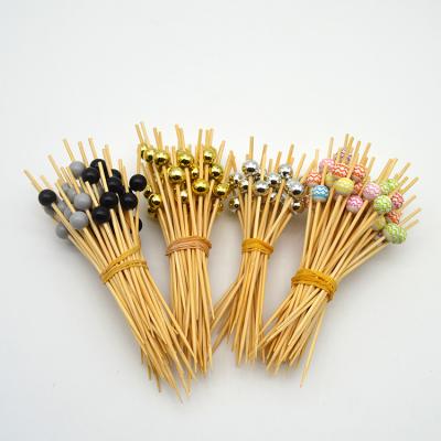 China Food Grade Easily Cleaned Disposable Bamboo Bead Picks Round Party Food Knotted Pick Bamboo Skewer Stick for sale