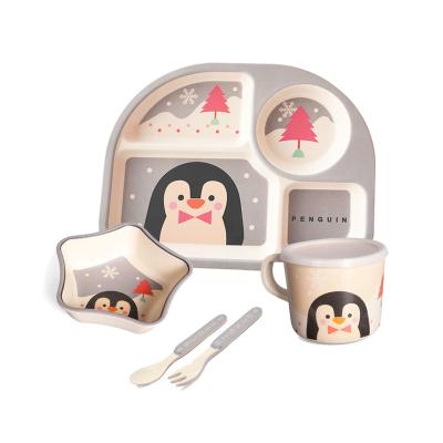 China Non Printing Cloth Baby Bamboo Cutlery Set Cartoon Bamboo Bowl Kids Dinnerware Set Baby Fiber Animal Tableware Set for sale