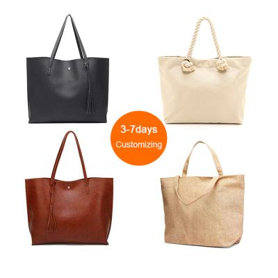 China Customized Print Handled Leather/Canvas/PVC/Jute Tote Shopping Bag Personalize Logo With Customize For Women for sale