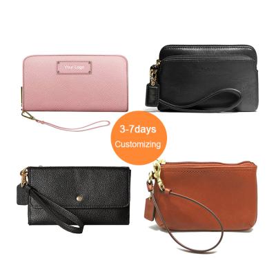 China Custom Made Luxury Anti-theft Genuine PU Cowhide or Vegan Clutch Purse Wallet Zipper Wristlet Zipper Wristlet Leather Bag for Women for sale