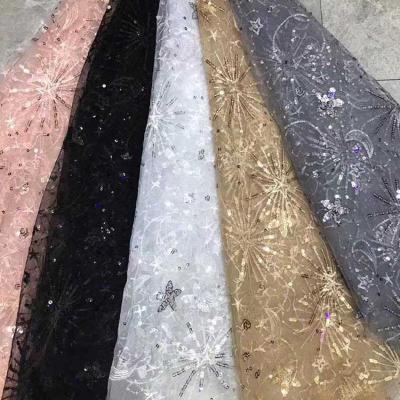 China Viable High Quality Polyester Lace Glitter Eyelash Embroidery Fabric Tulle Sequin Fabrics for sale