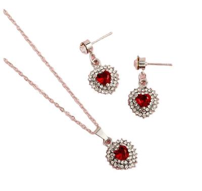 China Alloy Fashion Selling Nice Heart Diamond Necklace And Earrings Set For Party Women Customize Colors Red Heart for sale