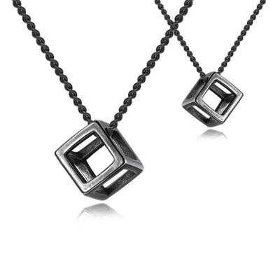 China Hiphop Personalized Simple Square Pendant Necklace Silver Black 316L Stainless Steel Unisex Hollow Pendant for sale