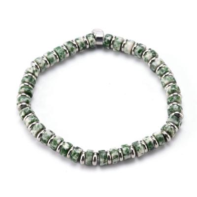 China Trendy Picasso Jasper Green Dot Stone Flat Natural Healing Stone Beads Silver Metal Bead Bracelets Gemstone for sale