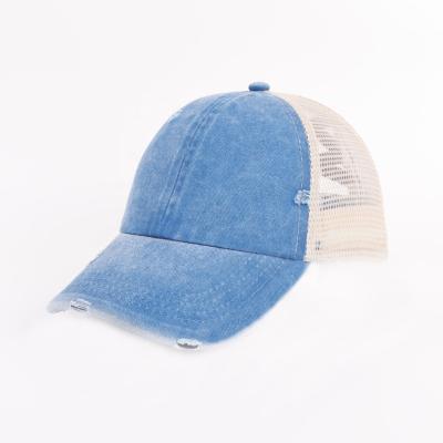 China 6-Panel Hat Street Style Spandex X Criss-Cross Pony Tail Hole Water Wash Lattice Mesh Trucker Hats Retro for sale