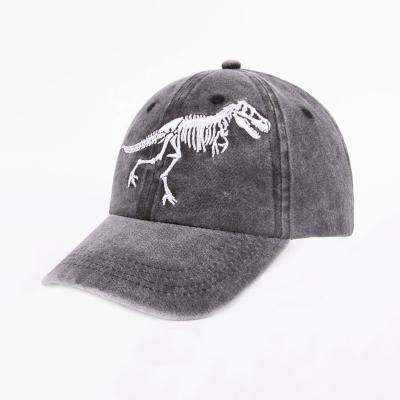 China 6-Panel Hat Custom Embroidered Gray Dinosaur Logo Water Wash Jeans Baseball Caps for sale