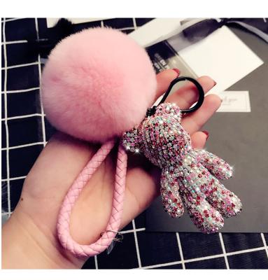 China Crystal Bomgom Crystal Popobe Gloomy Bear Rhinestone Key Chain Car Key Holder Bag Charm Holder Fur Pom Pom Leather Key Chain Ring Pendant for sale