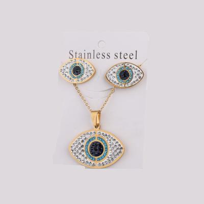 China Fashoin 2019 New Gold Women Stainless Steel Necklace Stud Earring Pendent Jewelry Set Crystal Necklace Earing Blue Eye Jewelry Set for sale