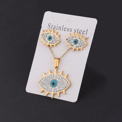 China 2019 Fashoin New Arrival Gold Women Stainless Steel Turkish Eye Necklace Stud Earring Jewelry Set Fashoin Crystal Necklace Earing for sale