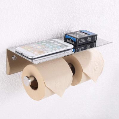 China Modern SUS304 Stainless Steel Bathroom Tissue Roll Cell Phone Storage Holder Double Toilet Paper Holder With Shelf for sale