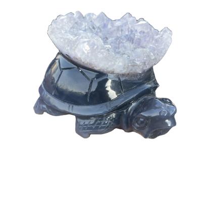 China Hot Selling High Quality Natural Geode Group Turtles China Crystal Cluster Turtle Aura Agate For Gift for sale