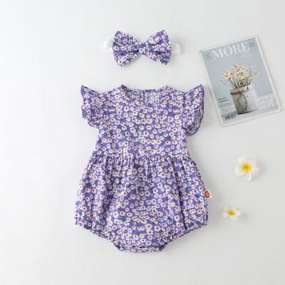 China Soft Cute Breathable Print Floral Summer Style Chiffon Baby Clothes Girls Romper Toddler With Headband for sale