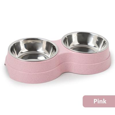 China Pet Food Utensils Stainless Steel Double Bowl Eco Viable Round Wheat Straw Pink Blue Green Dog Feeder For Cats And Dogs for sale