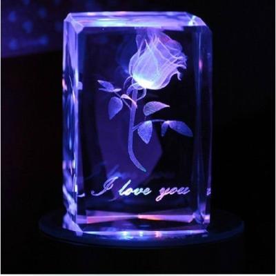 China China 3D Laser Etched Crystal Rose With LED Light Base for sale