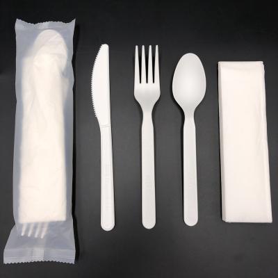 China 2021 cubiertos 100% CPLA biodegradable compostable biodegradable travel disposable cutlery set with napkin for sale