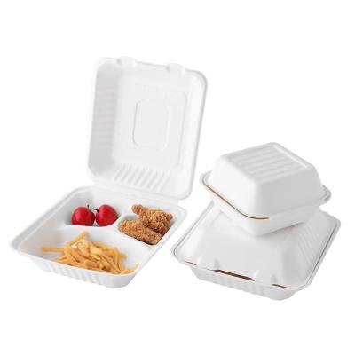 China Sugar Cane Clamshell Paper Food Box Biodegradable Hinged Takeout Biodegradable Packaging Box for sale