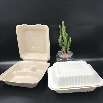 China Sustainable 8 Inch Disposable Biodegradable Hinged Lid Quick To Go Lunch Box Bagasse Take Out Container Food 3 Compartment for sale