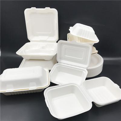 China Custom Green Biodegradable Food Packaging Bagasse Hinged Disposable Lid Compost Box To Go Clamshell Packaging for sale