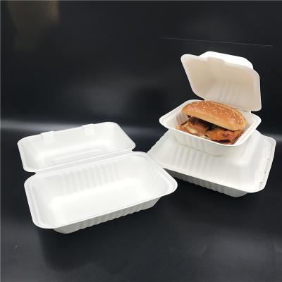 China 9 Inch Clamshell Restaurant Box Sugar Cane Disposable Biodegradable Take Out Bagasse Hinged Container for sale