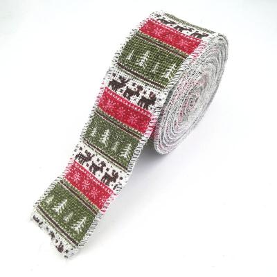 China Christmas Party Gift Wrap Decoration Floral Deer Printed Natural Jute Burlap Cable Ribbon Roll for sale