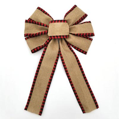 China Christmas Burlap Ribbon Christmas Burlap Ribbon with Plaid Edge Trim for Christmas Tree Ribbon Bow Tie for sale