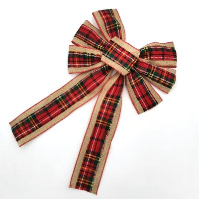 China New Style Floral Christmas Tree Decoration Wired Plaid Ribbon Bow Checker Faux Jute Ribbon Bow Red Green Knot for sale