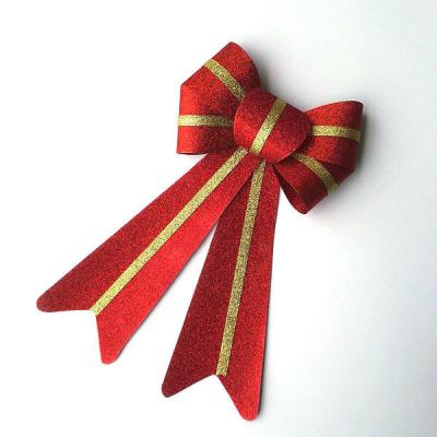 China Christmas Pre-tied Large Red with Gold Stripes Glitter PVC Christmas Tree Decoration Metallic Ribbon Bow for sale