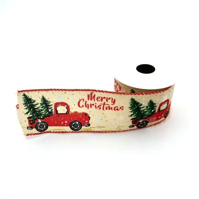 China 2021 New Arrival Christmas Gift Wrapping Yarn Edge Decorative Trim Printed Jute Ribbon 2.5