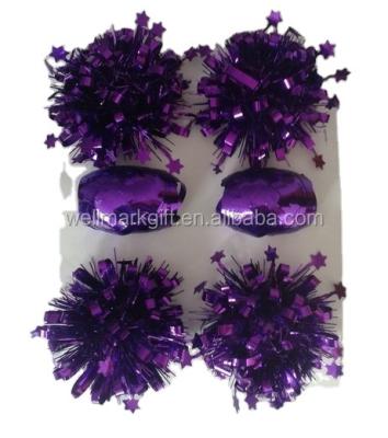 China Holiday Packaging Purple Glitter Pom Pom Fancy Tinsel Garland Bow Self Adhesive Foil Plastic and Curly Ribbon Bobbin Bundle for sale