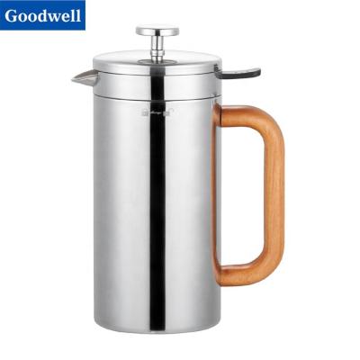 China Amazon Viable Popular Double Wall Handle Stainless Steel Wooden French Press and Coffee Press Stainless French Press Coffee Maker 1000ml for sale