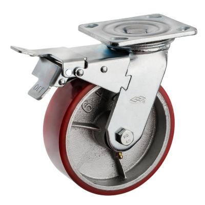 China Red Industrial Welding Steel Type PIVOT 6inhc Heavy Duty PU Swivel Caster Wheel 150mm Brake Industrial Caster for sale