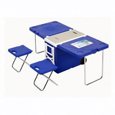 China 28l Waterproof Outdoor Portable Plastic Beer Cooler Box With Foldable Table And Chair Camping Cooler Box Set for sale