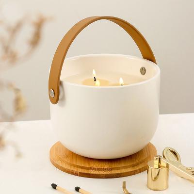 China Wholesale Unique Custom White Extra Large Ceramic Candle Containers Home Decor 3 Wick Candle Ships With Wooden Lids 24oz for sale