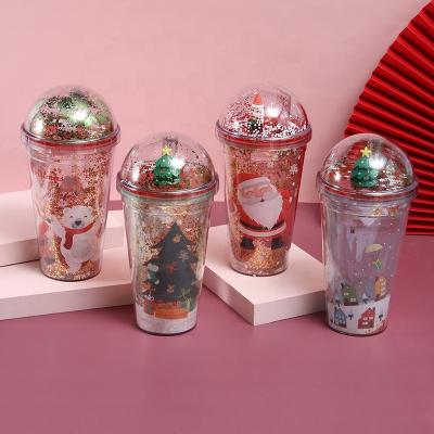 China Creative Student Couple Christmas Gift Straw Cup Micro Gauge Landscape DOUBLE WALL Glitter Summer Ice Cream Plastic Cup for sale