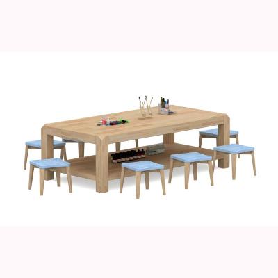 China Kindergarten art area solid wood furniture baby learning interactive multifunctional combination table and chair for sale